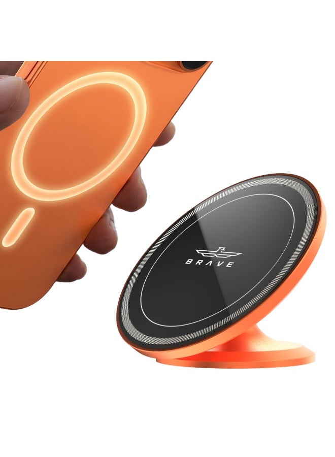Brave MagSafe Magnetic Car Mobile Holder & Car Mount for Dashboard, Strong N52 Magnet 360° Rotatable Phone Holder, 3M VHB Adhesive Mini Stand for iPhone 17/16/15/14/13, Samsung S25/S24/S23/S22 Ultra – Orange - Image 1
